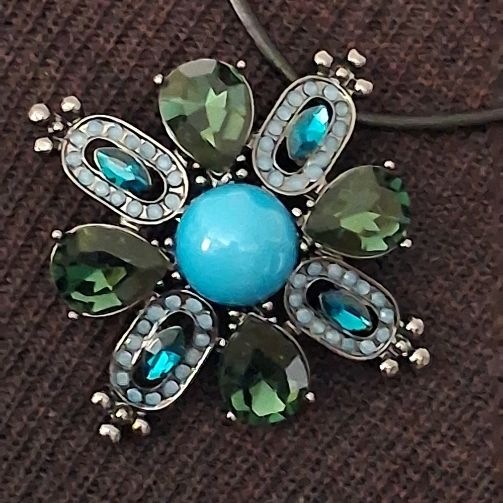Lia Sophia Blue and Green Pendant Necklace On Black Cord - Picture 4 of 11